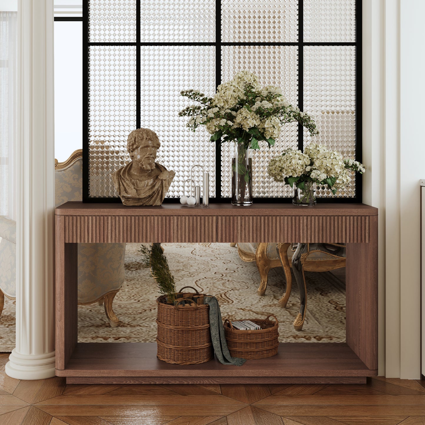 60" Walnut Rectangular Console Table - Drawers & Storage