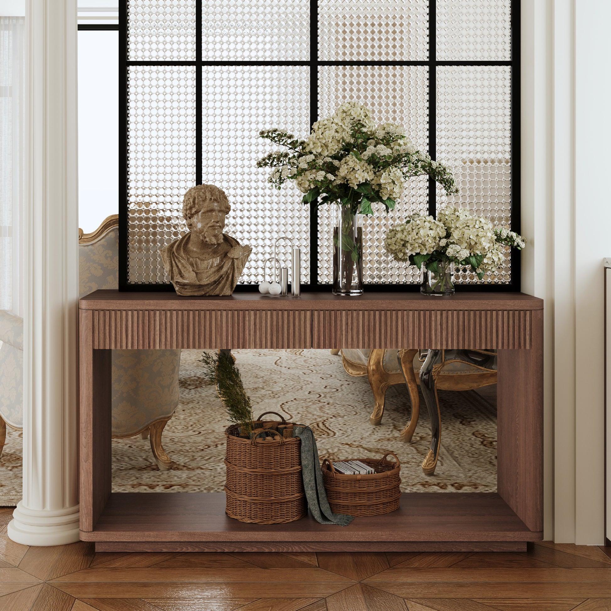 60" Walnut Rectangular Console Table - Drawers & Storage