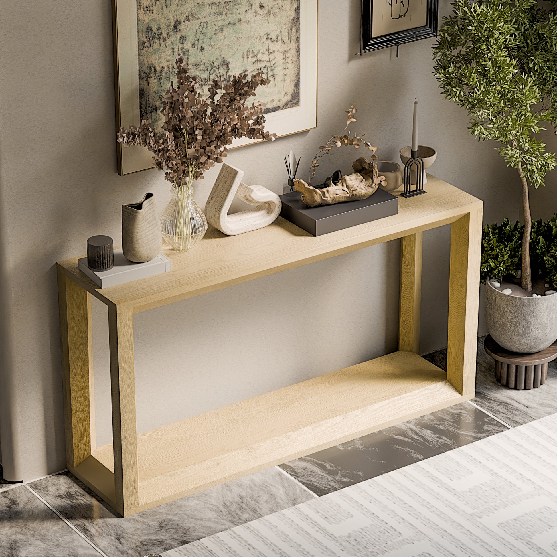 60" Rectangular Solid Wood Veneer Console Table, Wide Sofa Table,  Behind Couch Table with Ample Storage for Entryway & Living Room, Oak Wash
