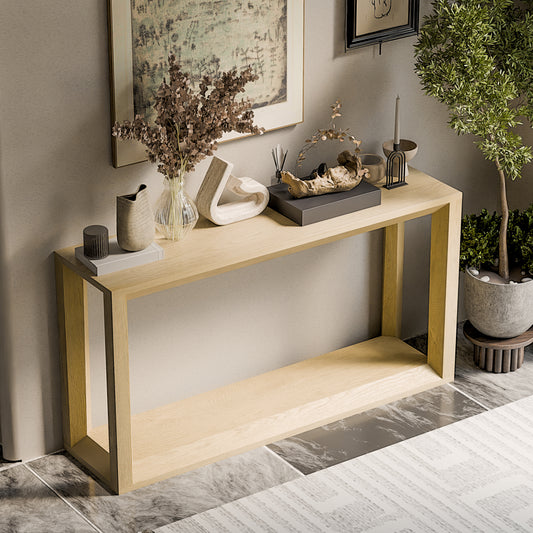60" Rectangular Solid Wood Veneer Console Table, Wide Sofa Table,  Behind Couch Table with Ample Storage for Entryway & Living Room, Oak Wash
