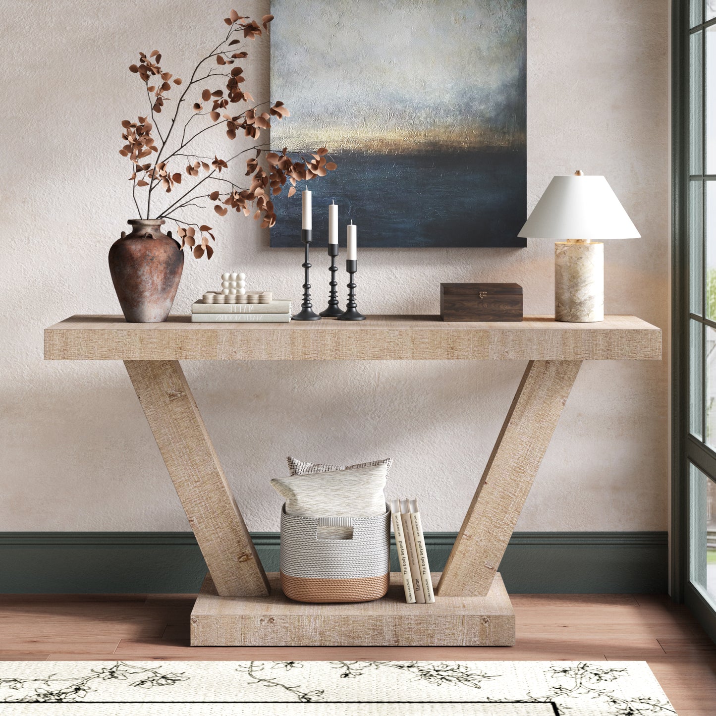 60 Inches Vintage Distressed Wood Entryway Bench with 2-Tier Solid Wood Veneer Storage Cabinet, Rustic Wide Design for Hallway, Living Room & Behind Sofa, Antique Natural