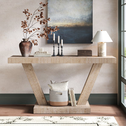 60 Inches Vintage Distressed Wood Entryway Bench with 2-Tier Solid Wood Veneer Storage Cabinet, Rustic Wide Design for Hallway, Living Room & Behind Sofa, Antique Natural