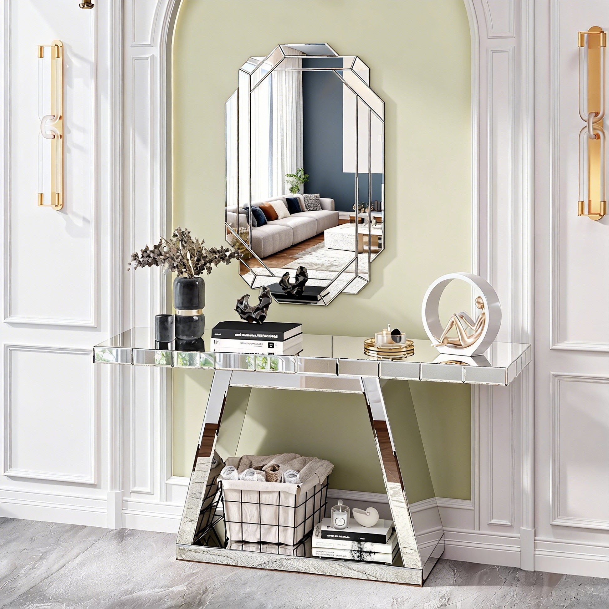 Silver Mirror Entryway Table - Rectangular Console with Storage for Living Room