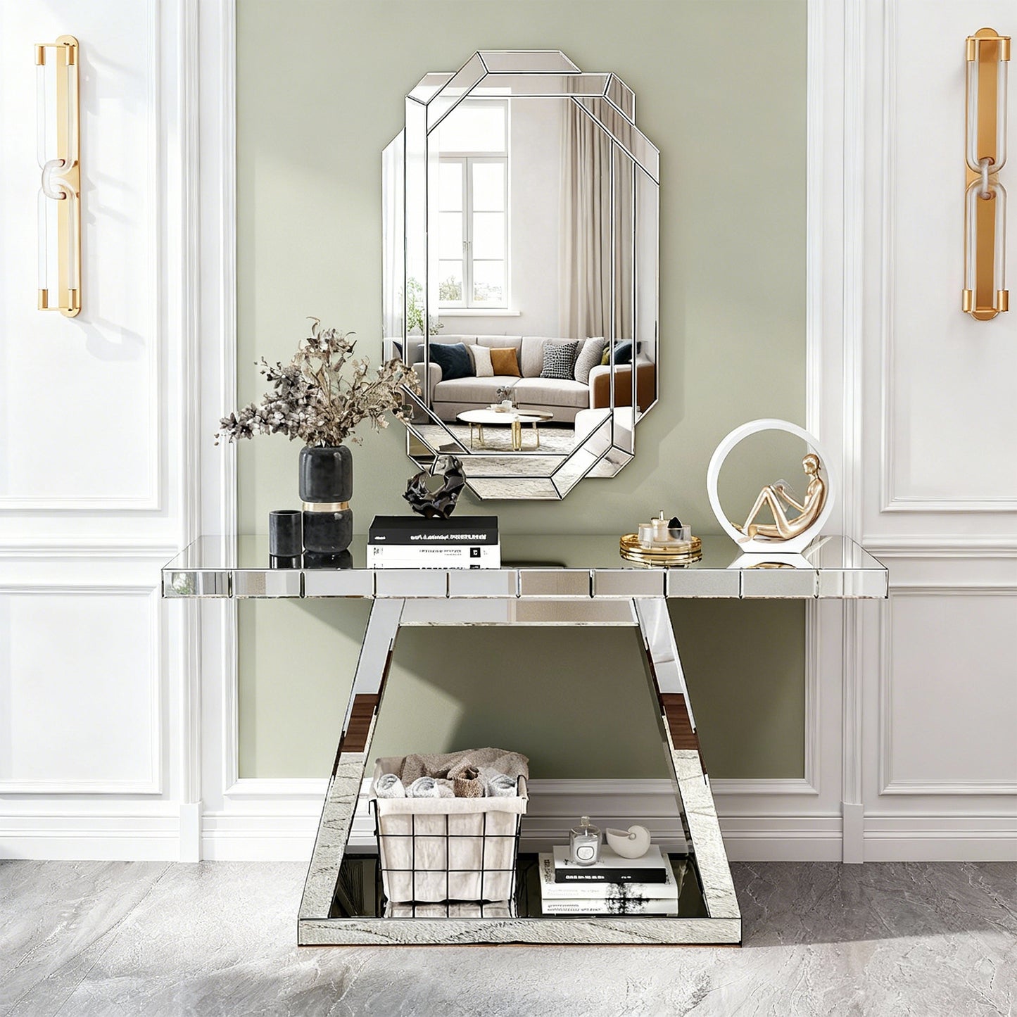 Silver Mirror Entryway Table - Rectangular Console with Storage for Living Room