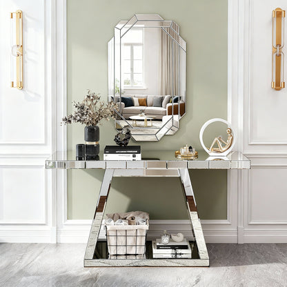 Silver Mirror Entryway Table - Rectangular Console with Storage for Living Room