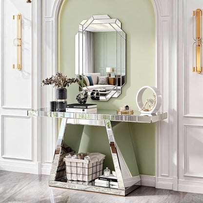 55.9" Modern Luxe Full-Body Mirror Entryway Table with Trapezoid Base – 360° Reflective Console Table, Sturdy Wooden Frame, Scratch-Resistant Design & Open Storage for Hallway, Living Room, Staircase