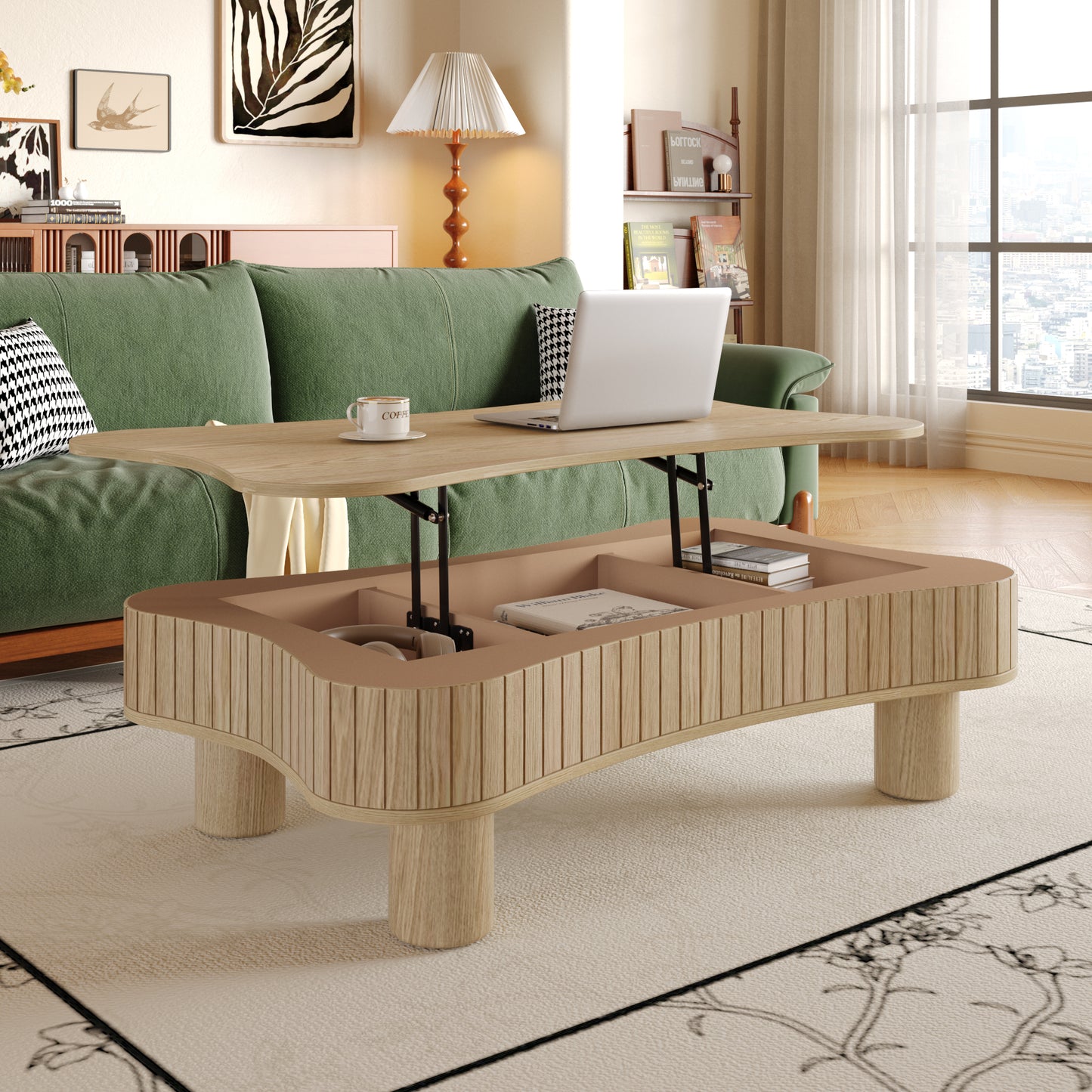 Natural Wood Floating Desk - 42" Lift Top Coffee Table for Living Room