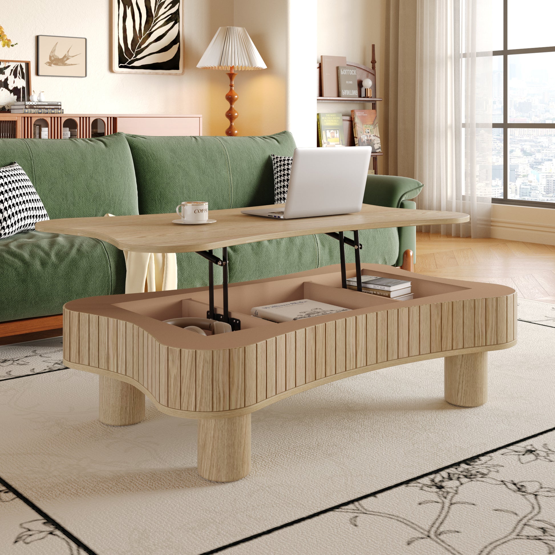 Natural Wood Floating Desk - 42" Lift Top Coffee Table for Living Room