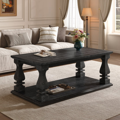 Rustic Farmhouse Coffee Table with Storage Shelf in Antique Black for Living Room