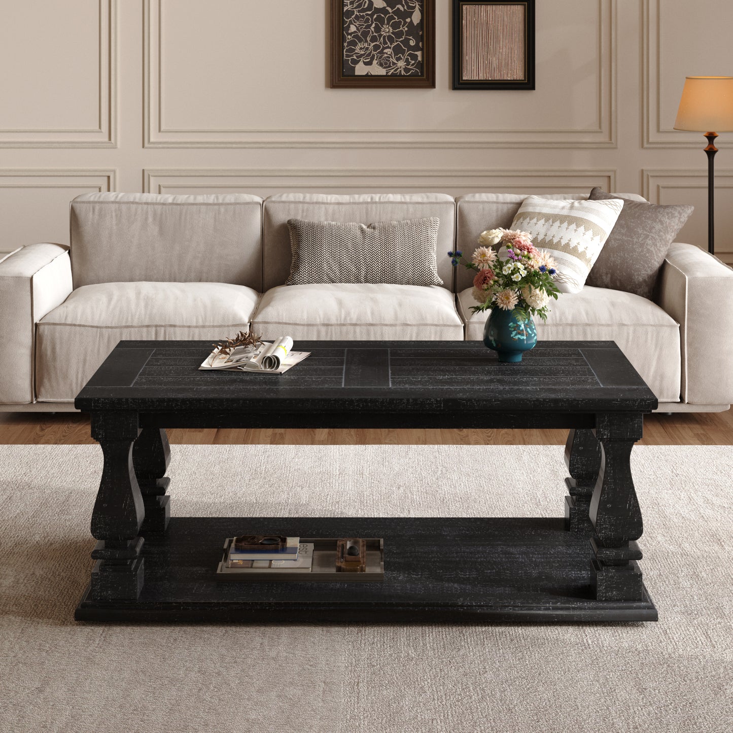 Rustic Farmhouse Coffee Table with Storage Shelf in Antique Black for Living Room