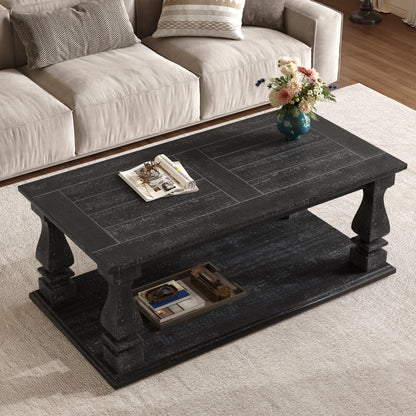 Rustic Farmhouse Coffee Table with Storage Shelf in Antique Black for Living Room
