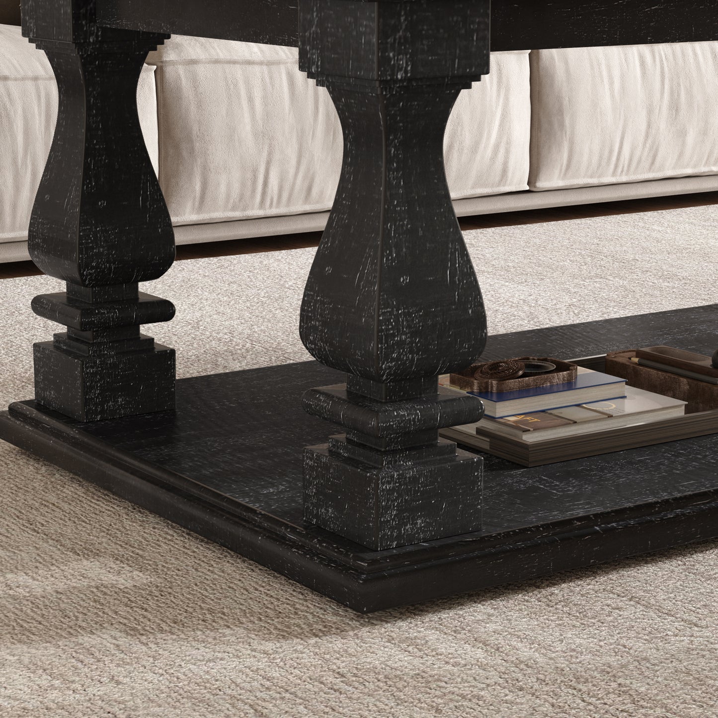 Rustic Farmhouse Coffee Table with Storage Shelf in Antique Black for Living Room
