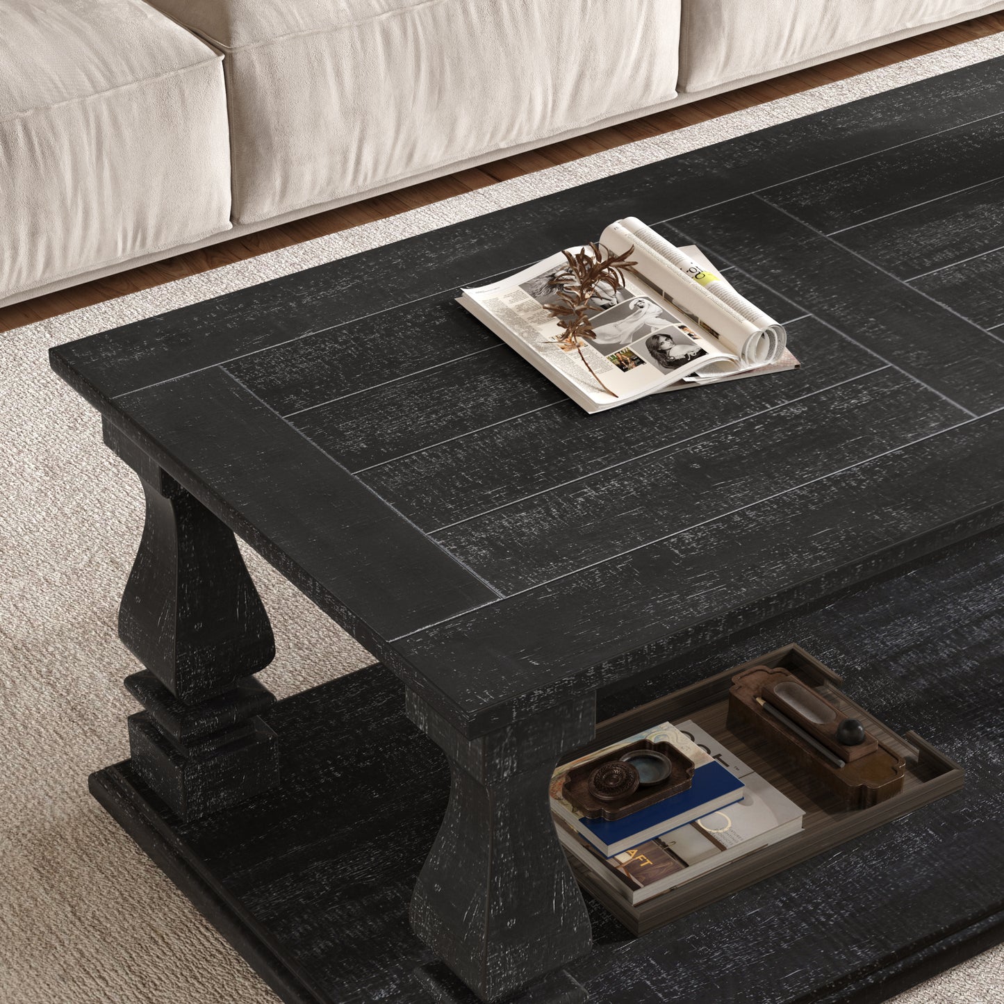 Rustic Farmhouse Coffee Table with Storage Shelf in Antique Black for Living Room