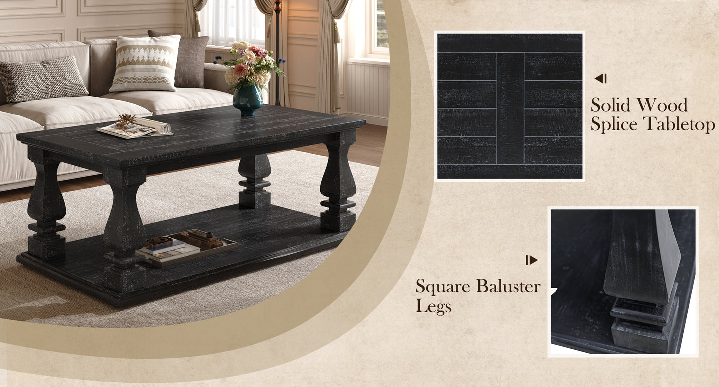 Rustic Farmhouse Coffee Table with Storage Shelf in Antique Black for Living Room
