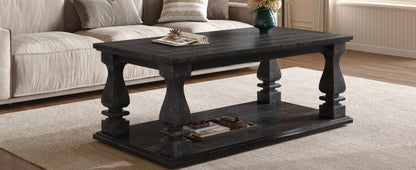 Rustic Farmhouse Coffee Table with Storage Shelf in Antique Black for Living Room