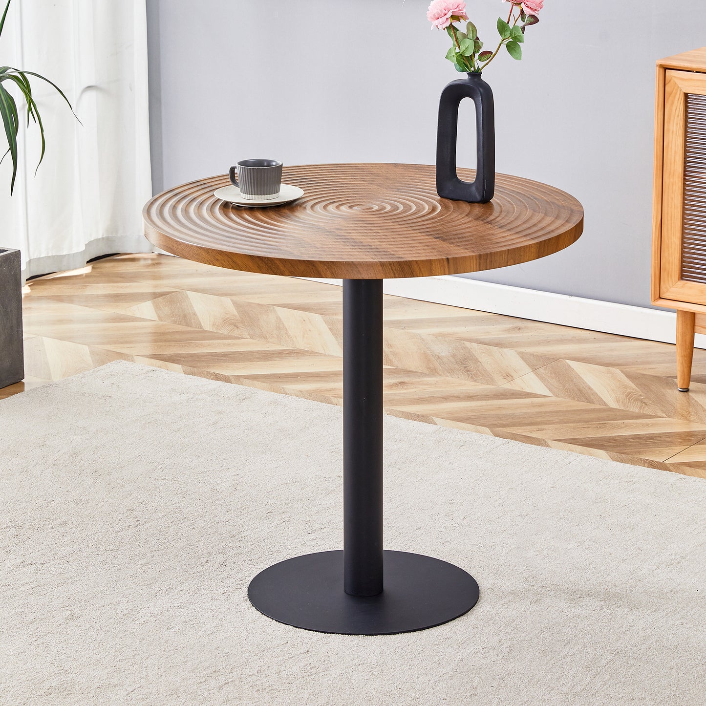 31.5 Inch Dark Wood Grain Round Dining Table - Suction Molding Annular Texture, Durable and Water-Resistant.Suction Molding Process,Dark Wood Grain Design,Black Metal Stand.