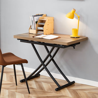 Modern minimalist multifunctional lift table with 0.8 inch thick MDF desktop and black metal legs, can be used as a dressing table, coffee table, dining table, and office table.Wood textured desktop.