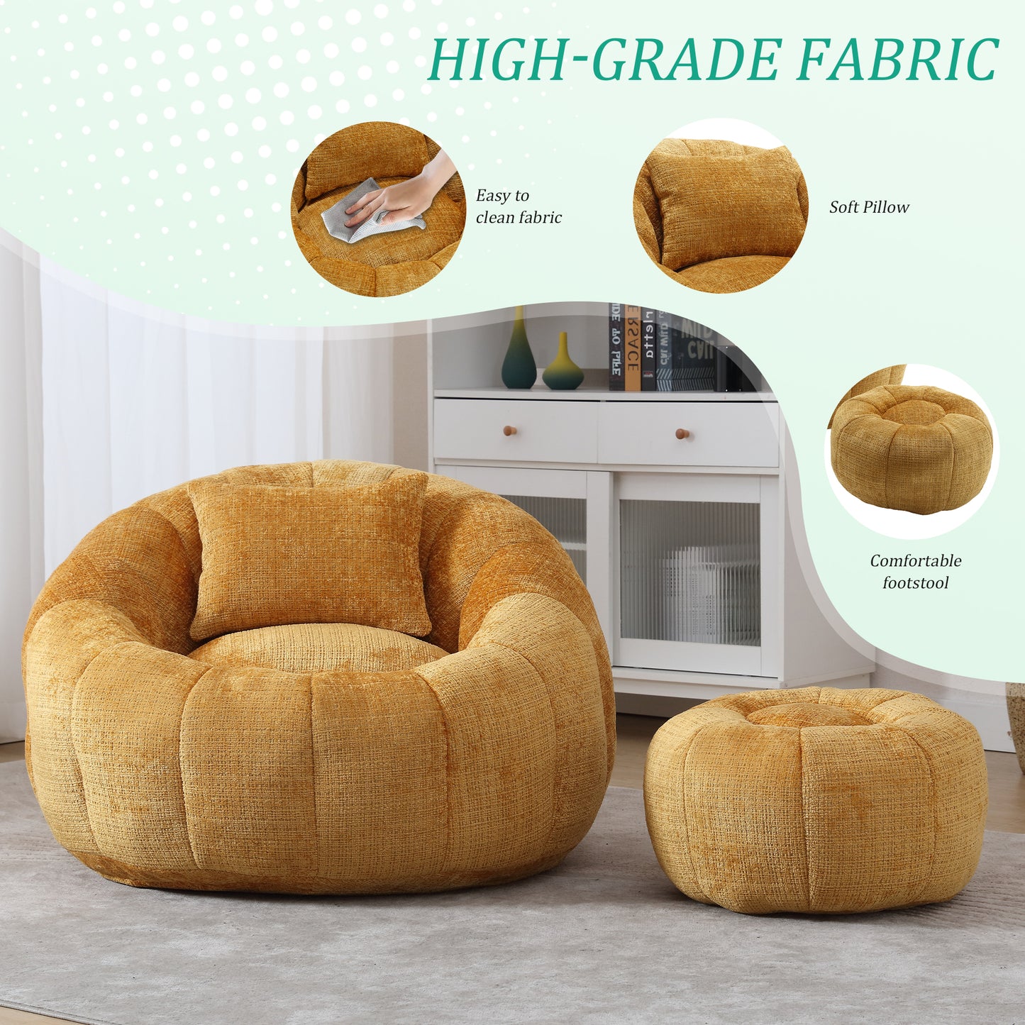 Yellow Chenille Bean Bag Chair with Ottoman - Primary Living Space for Living Room