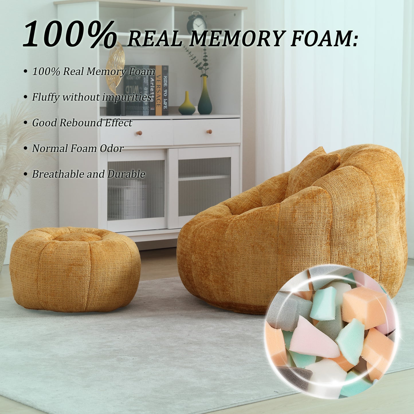 Yellow Chenille Bean Bag Chair with Ottoman - Primary Living Space for Living Room