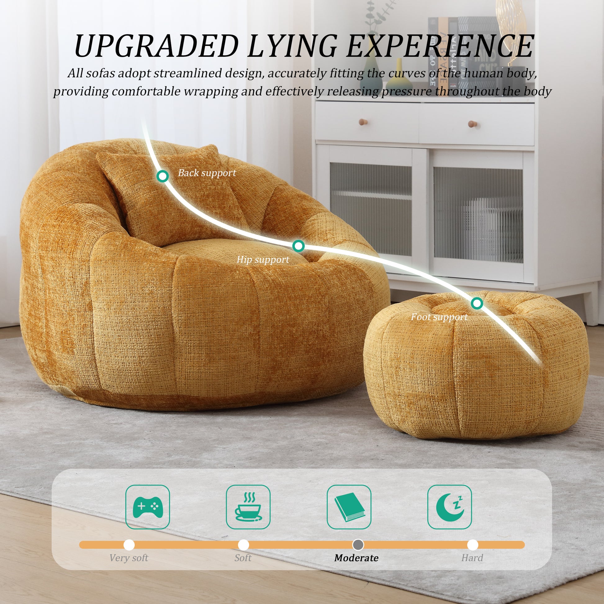 Yellow Chenille Bean Bag Chair with Ottoman - Primary Living Space for Living Room