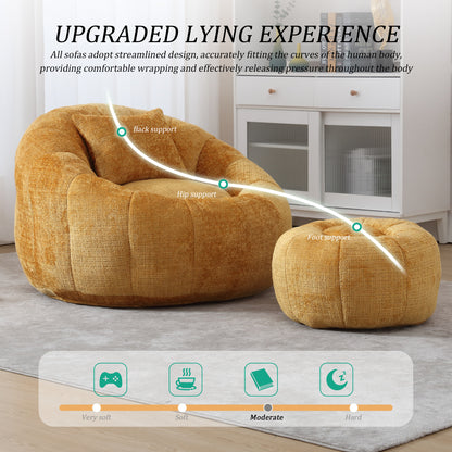 Yellow Chenille Bean Bag Chair with Ottoman - Primary Living Space for Living Room