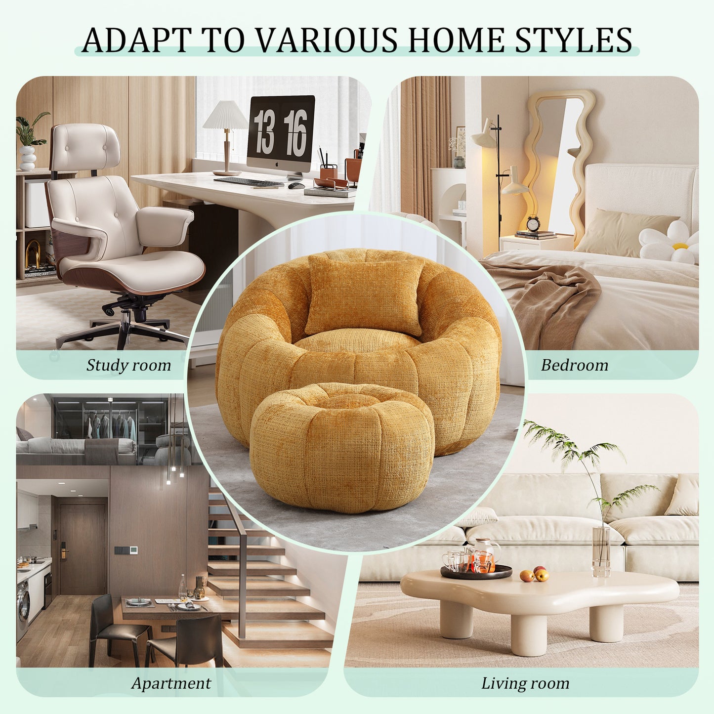 Yellow Chenille Bean Bag Chair with Ottoman - Primary Living Space for Living Room