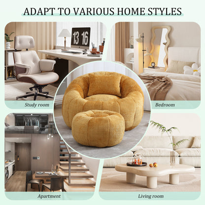 Yellow Chenille Bean Bag Chair with Ottoman - Primary Living Space for Living Room