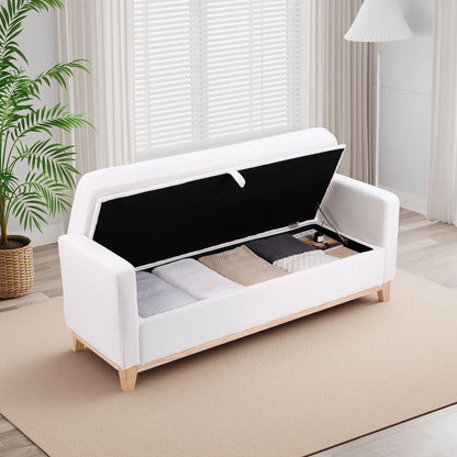 66 Inch Beige Sherpa Storage Bench with Solid Wood Legs & 2 Bolster Pillows, Multifunctional End of Bed Bench for Bedroom, Living Room, Entryway