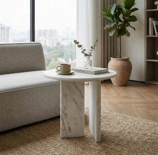 White natural marble Semi-Polished Round Accent Table, Side Table, small table, Ø17.7 h15.8 Inch/Ø45 h40 cm, genuine marble, real marble