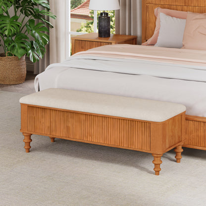 50.8-inch Multi-Functional Storage Ottoman Bench-Solid Rubberwood Bed End Bench with Linen Seat, Storage Bench for Bedroom, Entryway Shoe Organizer for Bedroom, Living Room, Entryway, Closet, Natural