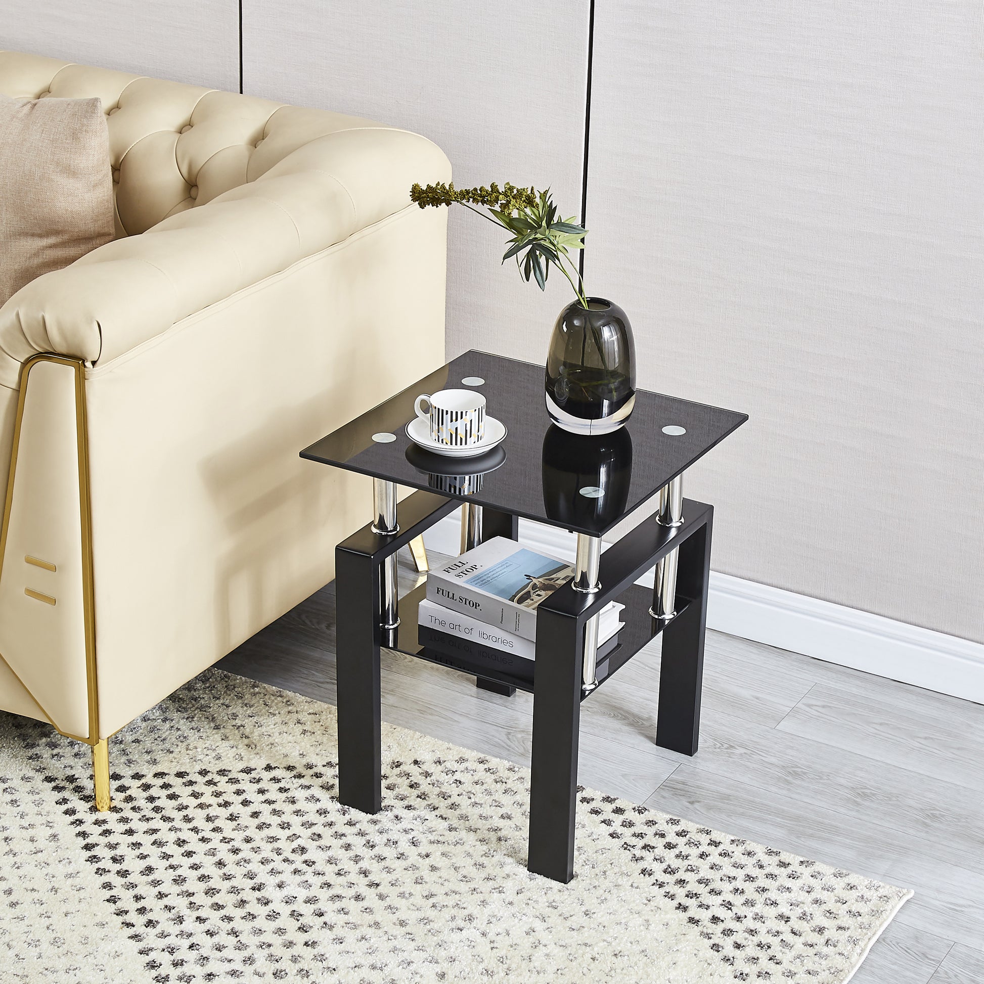 Black Glass Side Table - 17.71" Modern Coffee Table