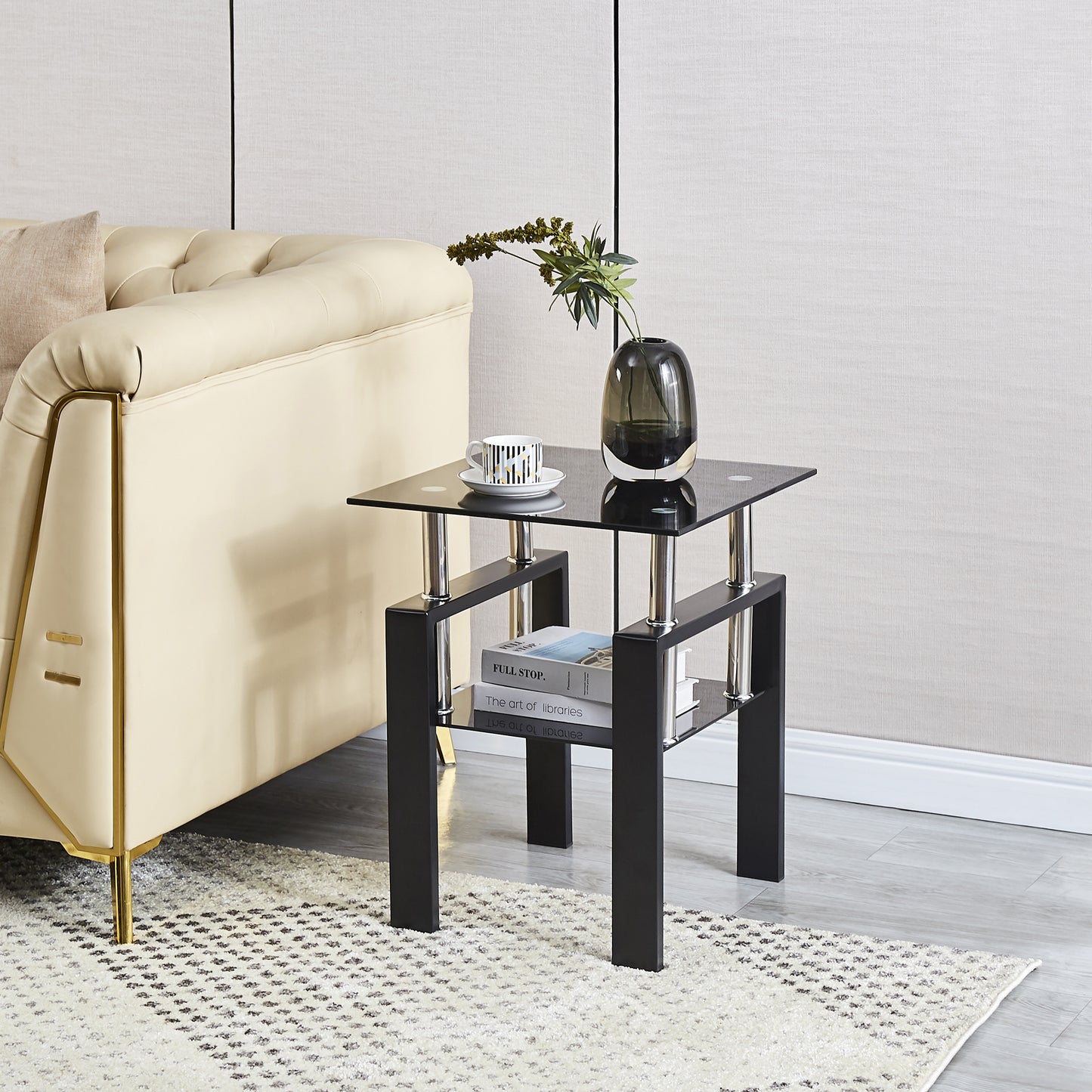Black Glass Side Table - 17.71" Modern Coffee Table