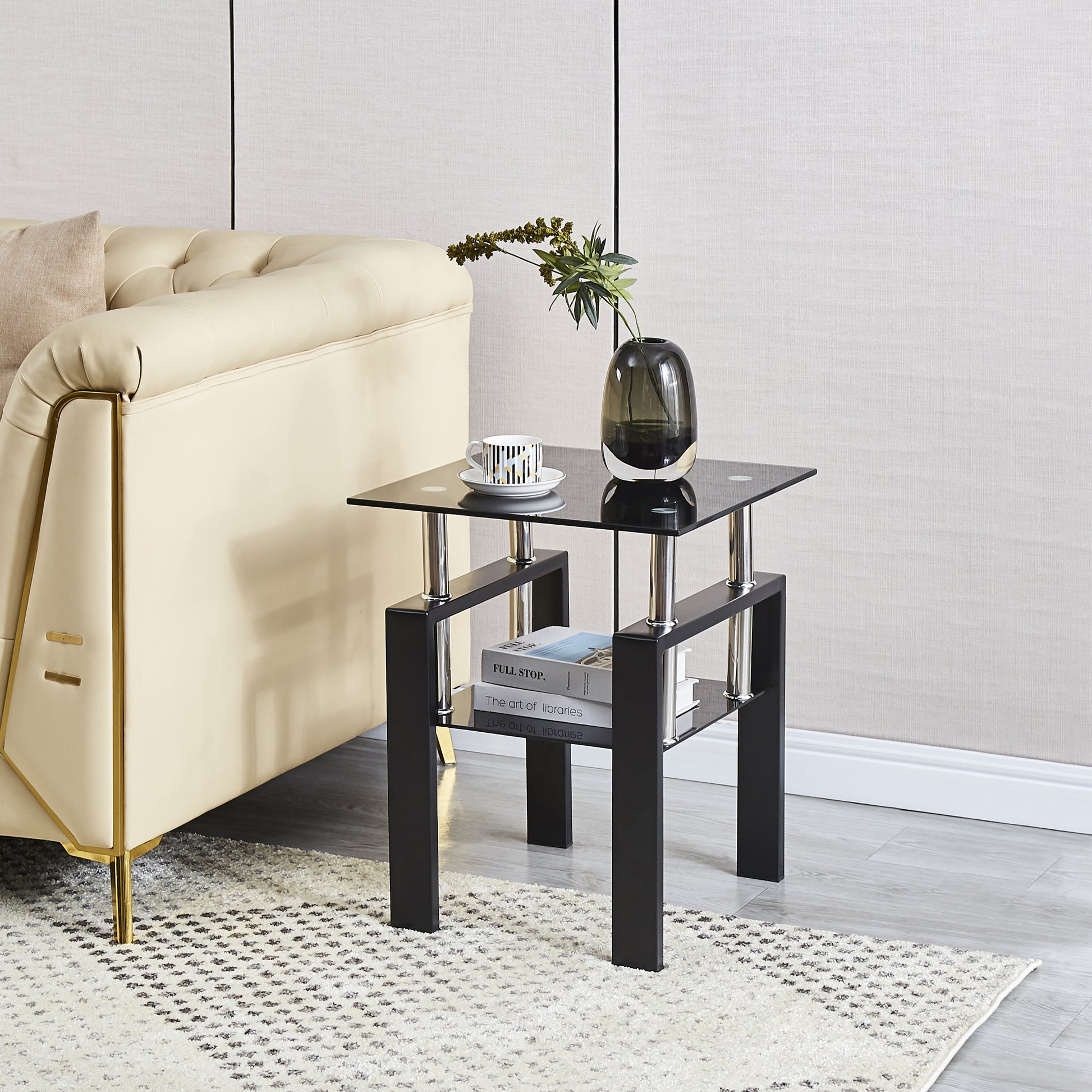Black Glass Side Table - 17.71" Modern Coffee Table