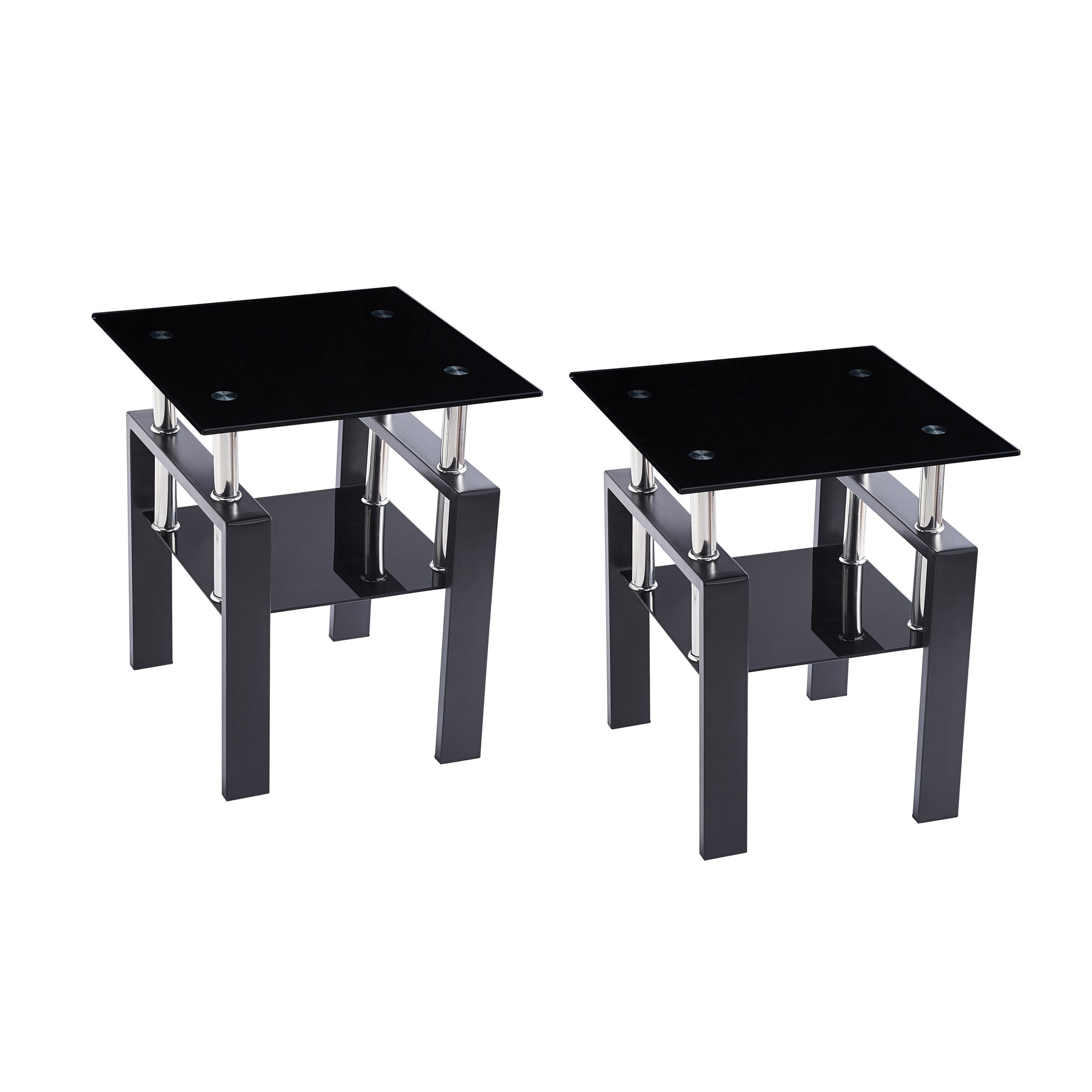 2-Piece Tempered Black Glass Sofa Table, Black Noghtstand with Metal Leg for Living Room