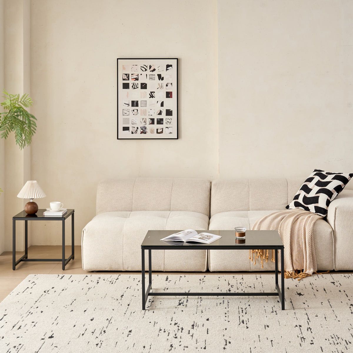 Black Glass CoffeeTable - Small Tea Table with Metal Legs for Living Room