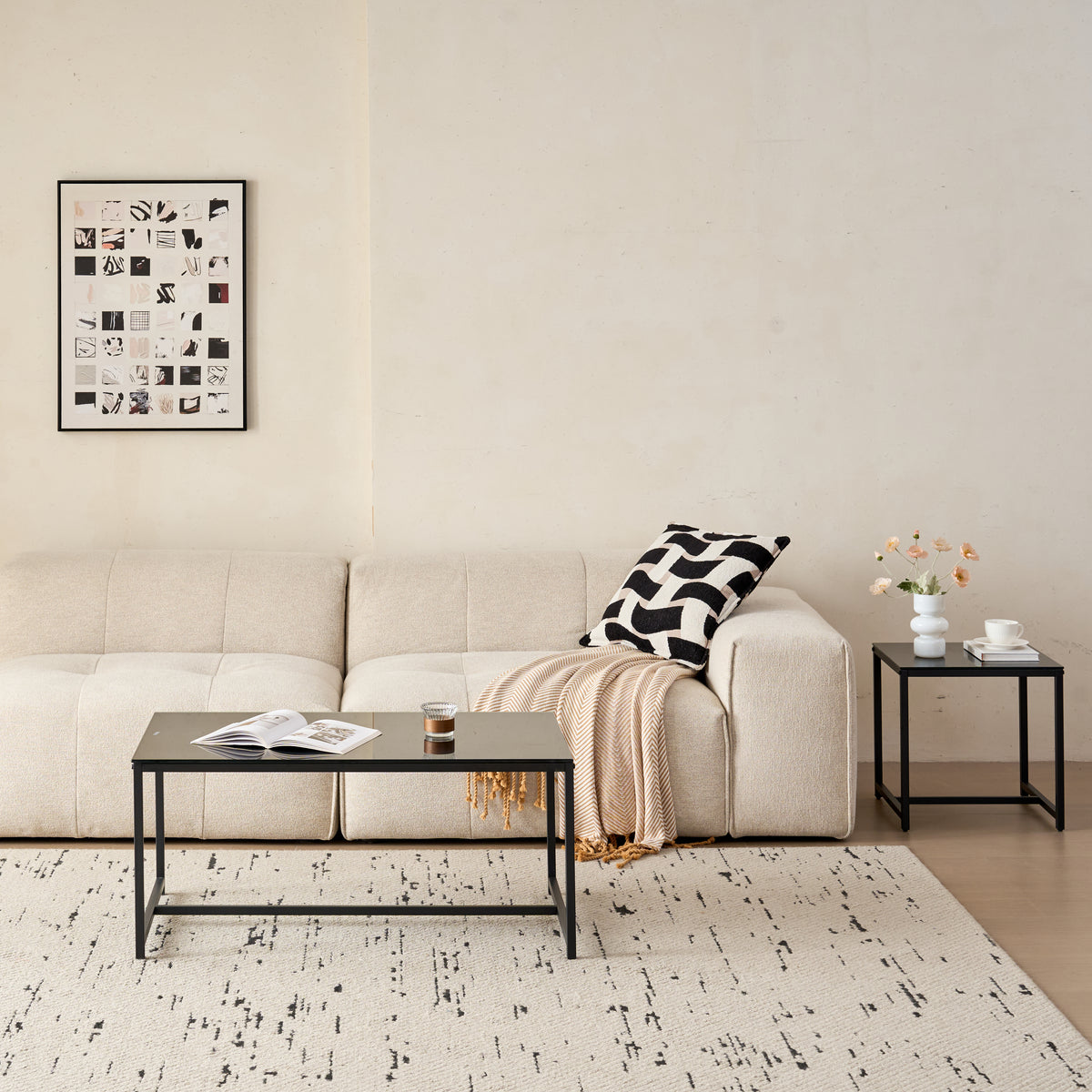 Black Glass CoffeeTable - Small Tea Table with Metal Legs for Living Room