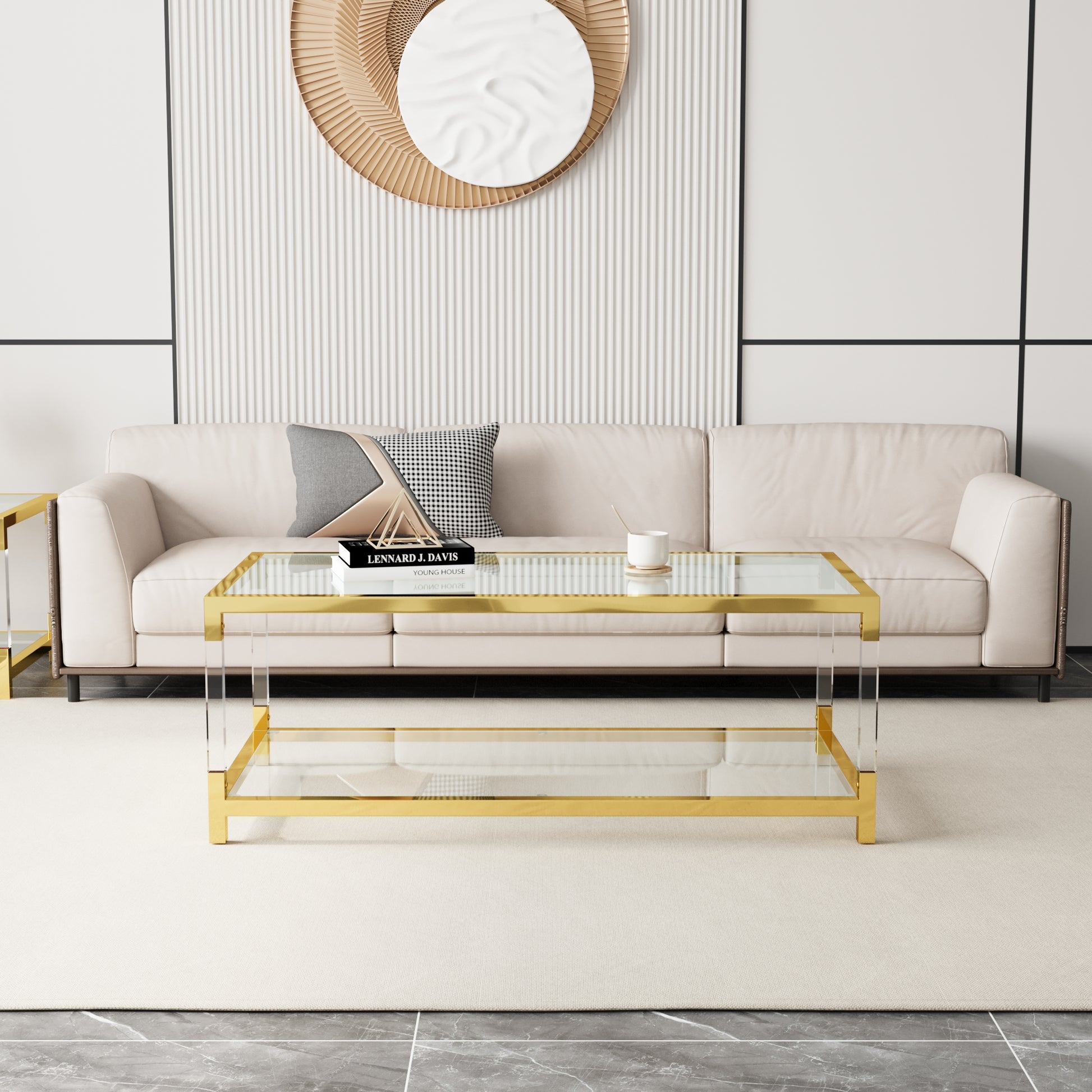 Modern Acrylic Leg Coffee Table, Double Layer Tempered Glass Top with Golden Metal Frame, 47.2x23.6x17.7 Inch Living Room Furniture