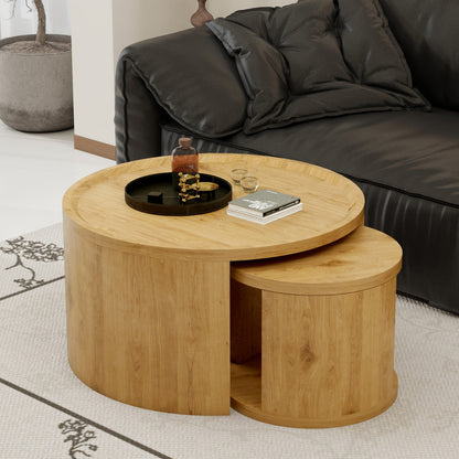 Round Nesting Coffee Table Set of 2 - Natural Wood MDF for Living Room