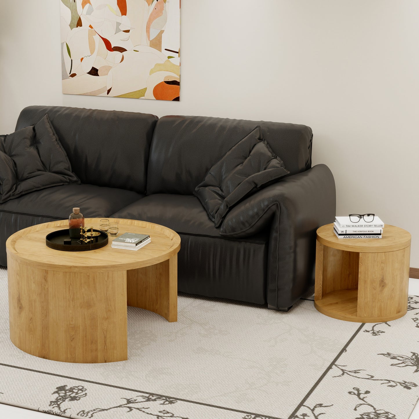 Round Nesting Coffee Table Set of 2 - Natural Wood MDF for Living Room
