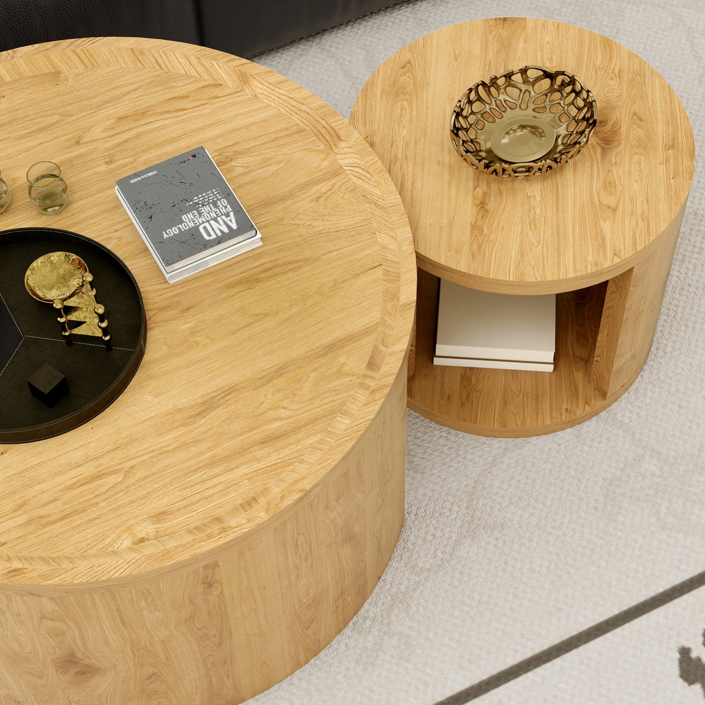 Round Nesting Coffee Table Set of 2 - Natural Wood MDF for Living Room
