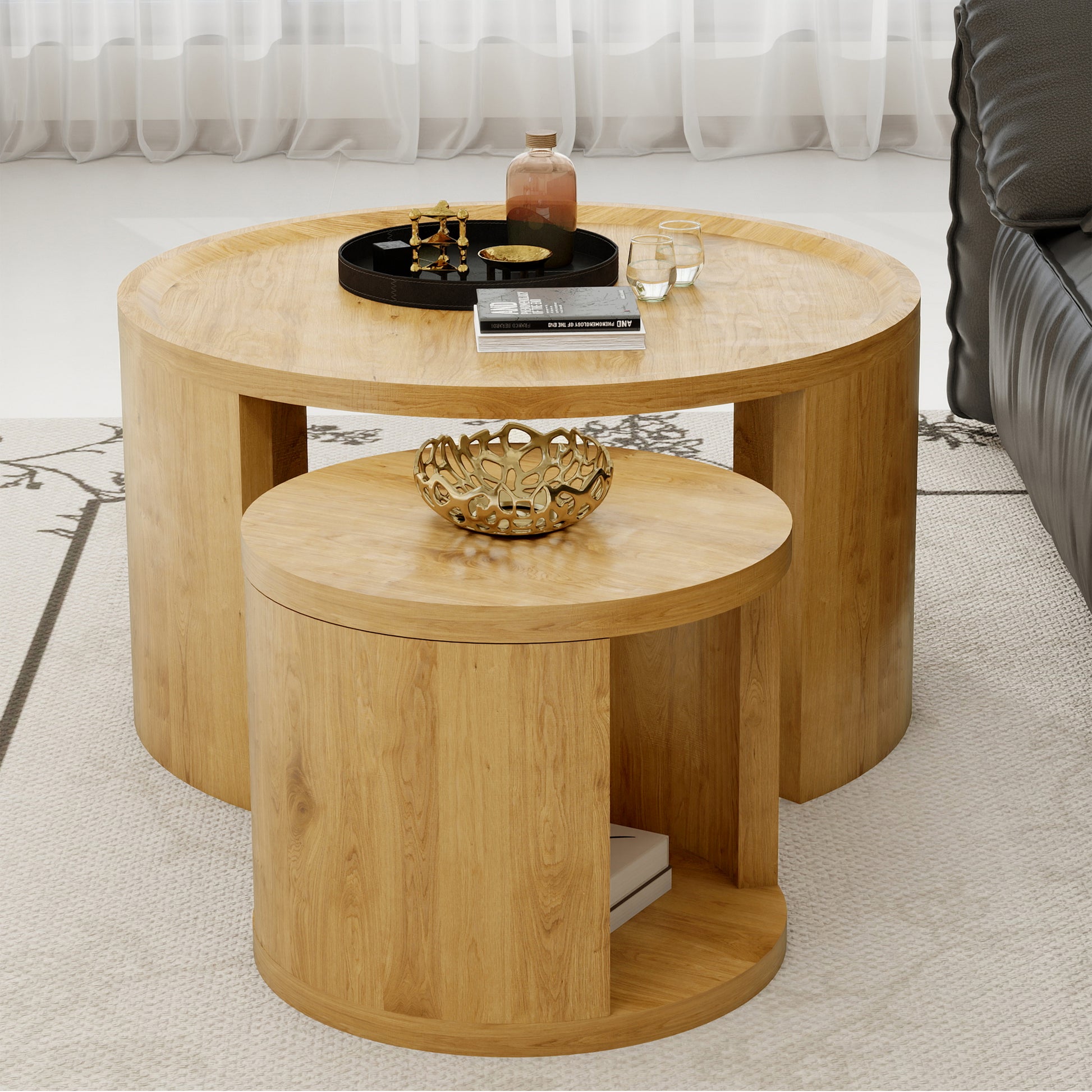 Round Nesting Coffee Table Set of 2 - Natural Wood MDF for Living Room