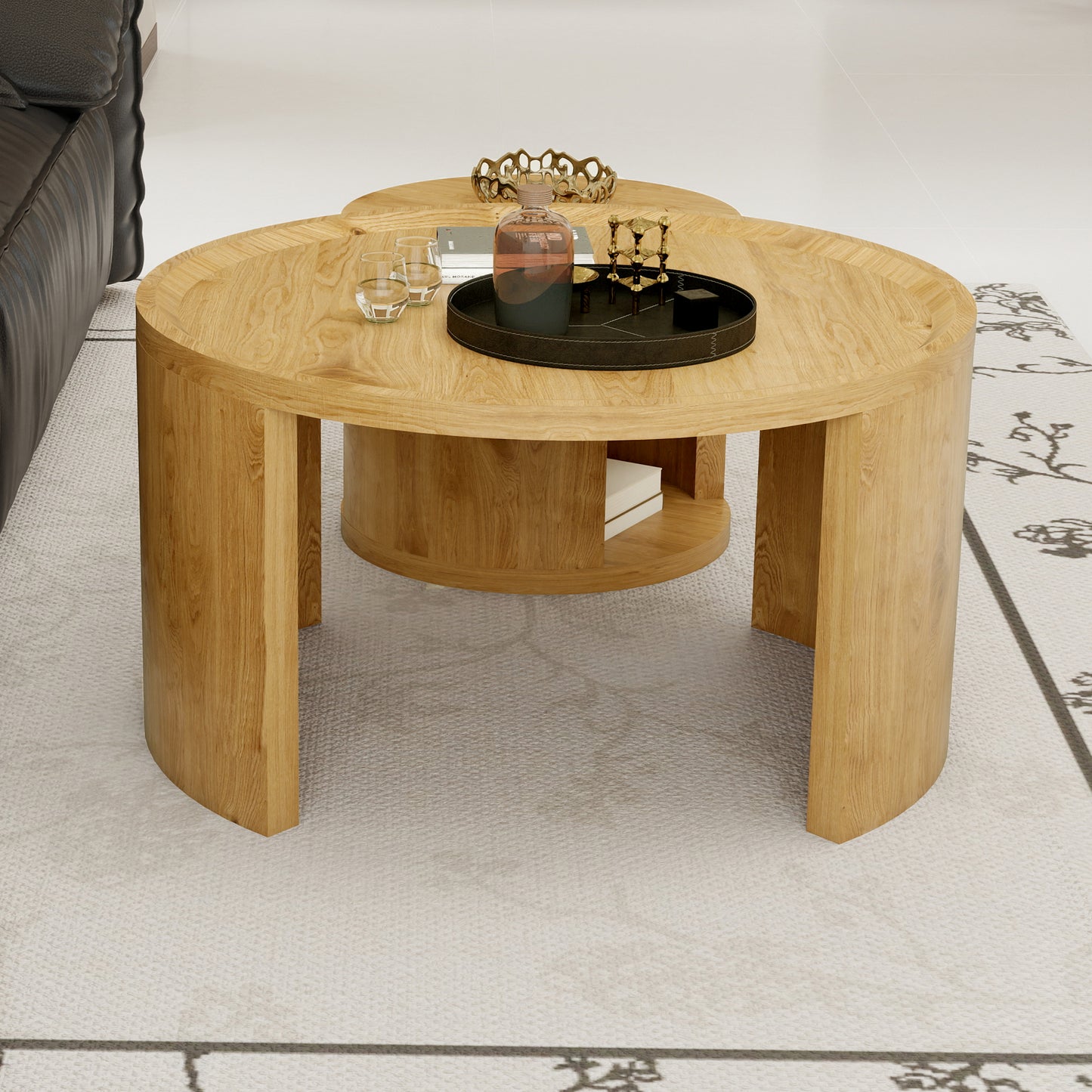 Round Nesting Coffee Table Set of 2 - Natural Wood MDF for Living Room
