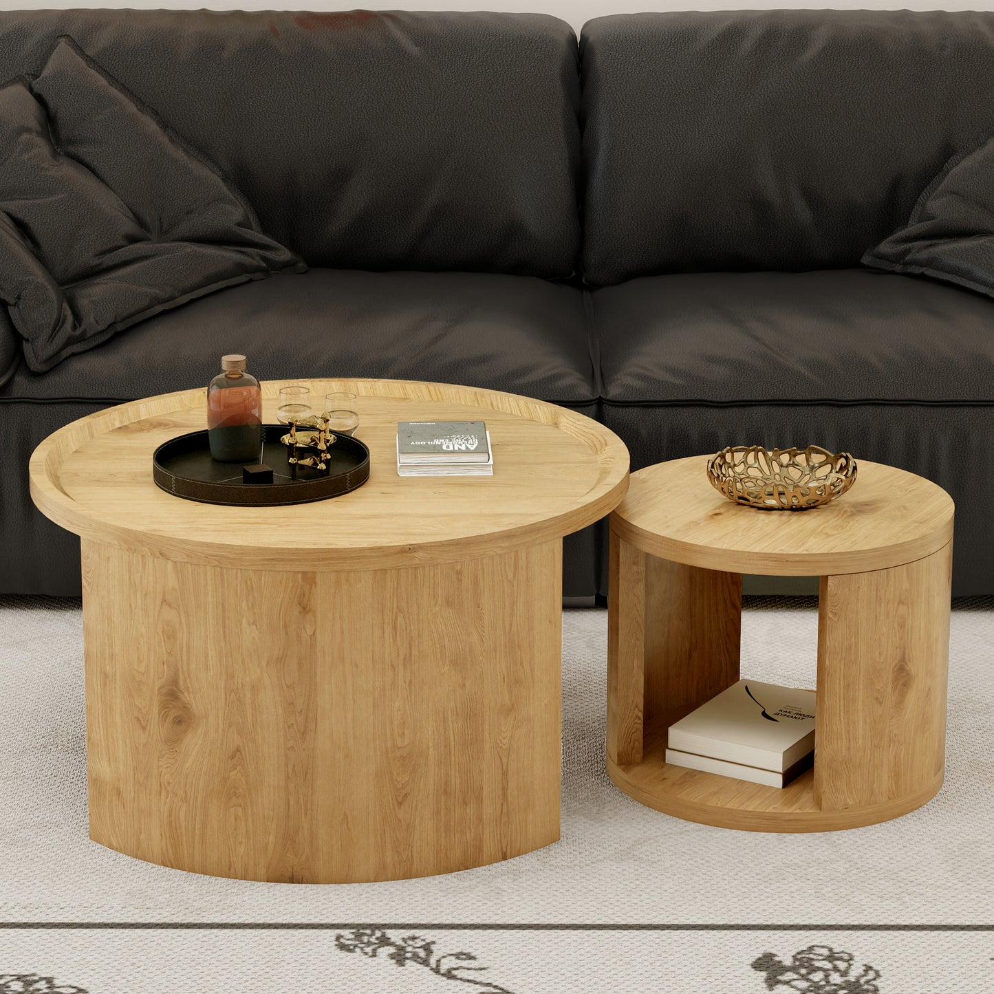 Round Nesting Coffee Table Set of 2 - Natural Wood MDF for Living Room