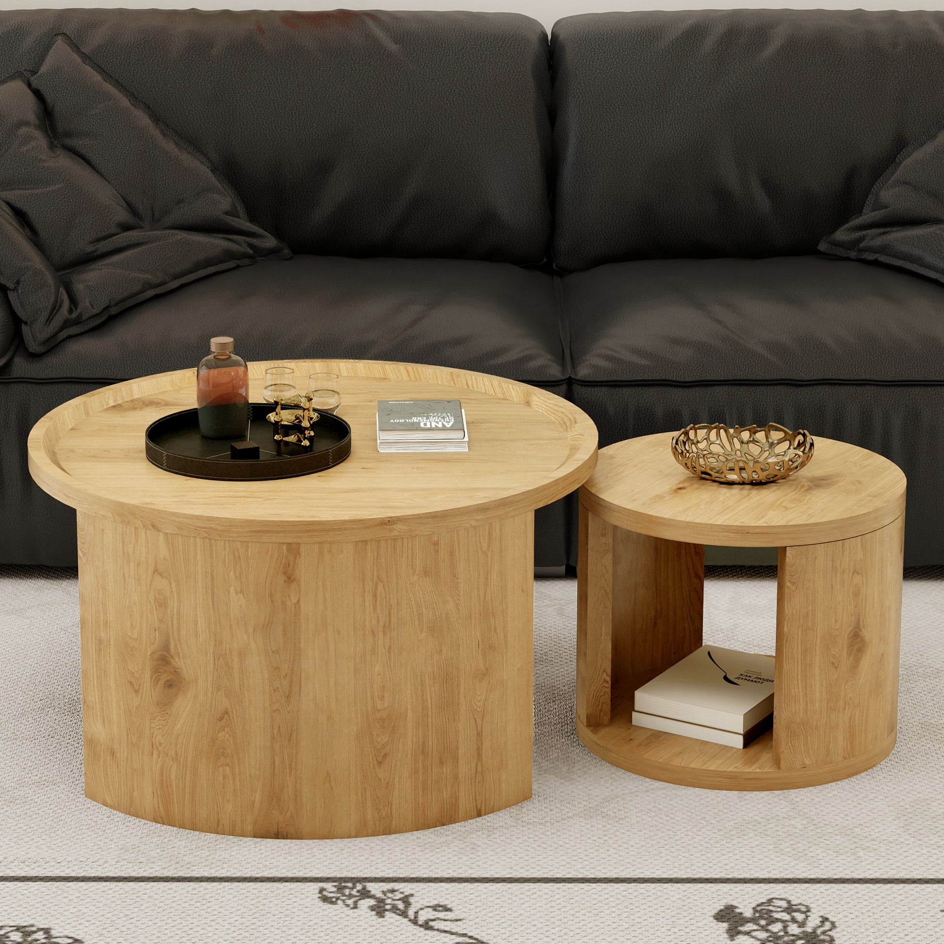 Round Nesting Coffee Table Set of 2 - Natural Wood MDF for Living Room