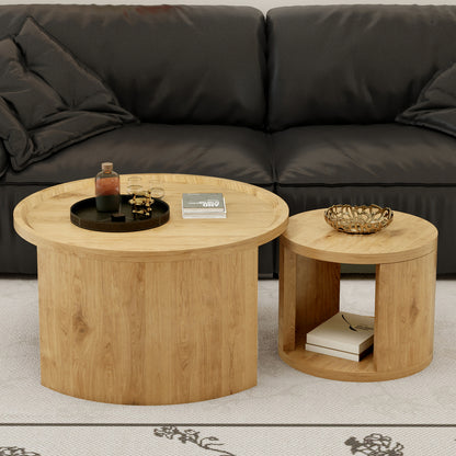 Round Nesting Coffee Table Set of 2 - Natural Wood MDF for Living Room