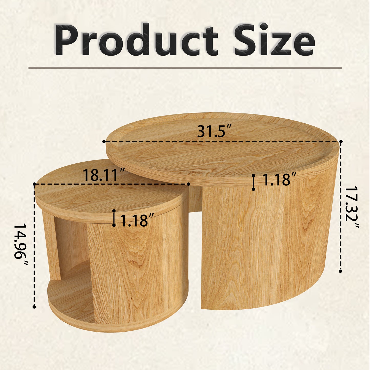 Round Nesting Coffee Table Set of 2 - Natural Wood MDF for Living Room