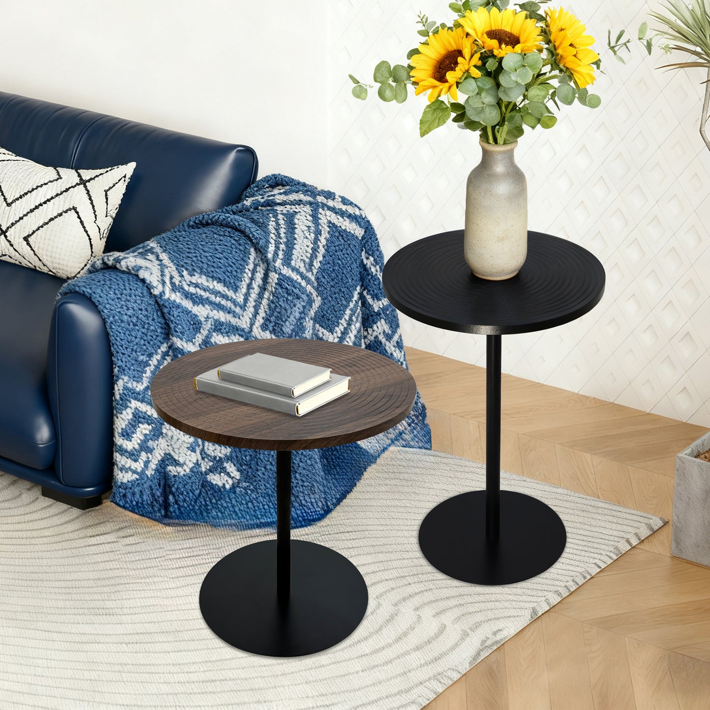 Round Nesting Tables - Walnut Black Set of 2 for Living Room