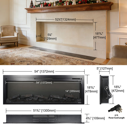 Living Room Antique Black Wall Mounted Electric Fireplace 54 Inch with Flame Effect