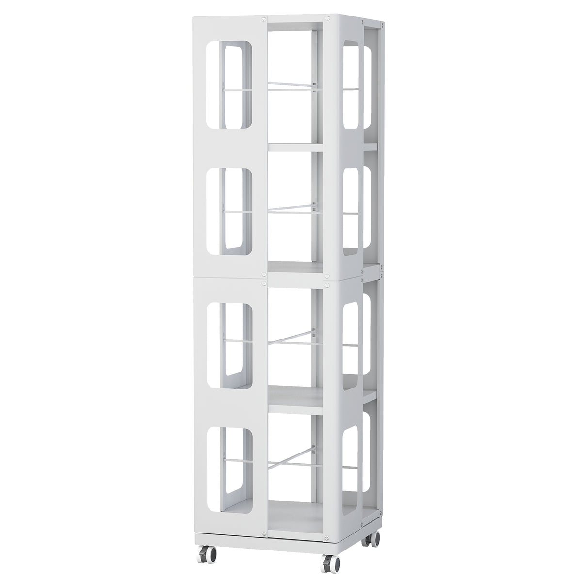 Large White Steel Rotating Bookshelf with 360° Wheels for Storage for Living Room