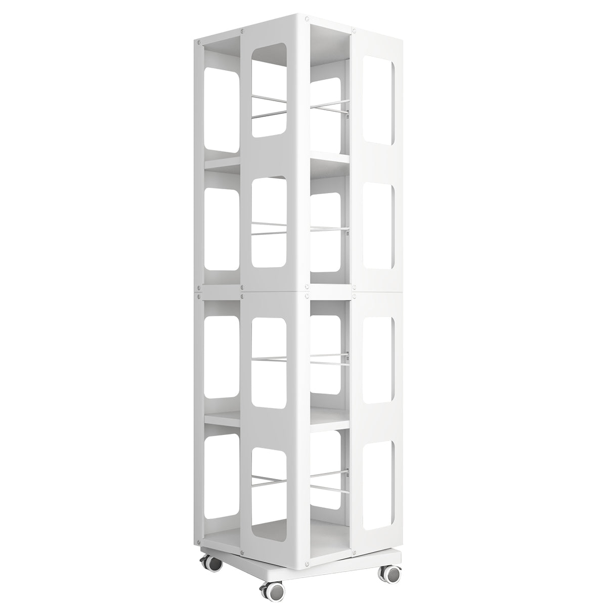 Large White Steel Rotating Bookshelf with 360° Wheels for Storage for Living Room